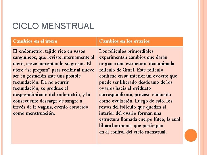 CICLO MENSTRUAL Cambios en el útero Cambios en los ovarios El endometrio, tejido rico