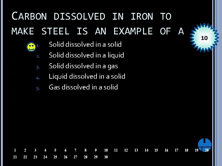 CARBON DISSOLVED IN IRON TO MAKE STEEL IS AN EXAMPLE OF A 10 Solid