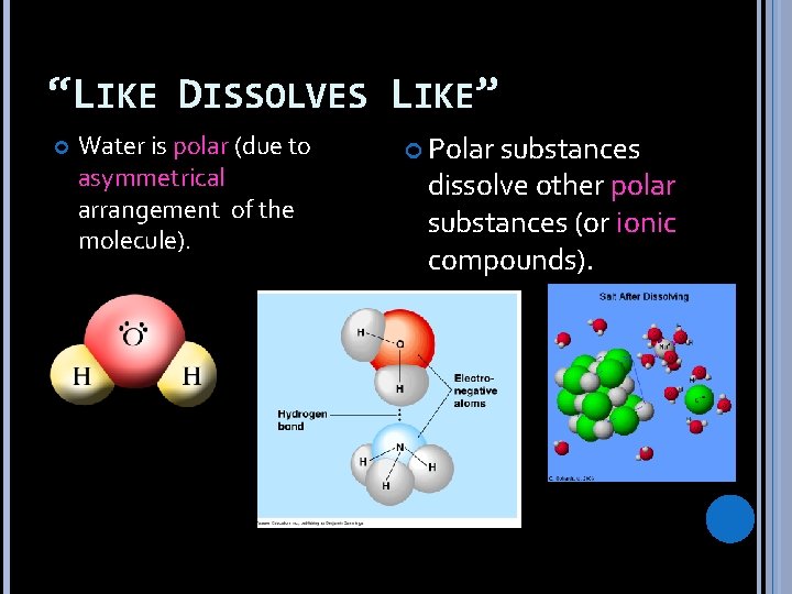 “LIKE DISSOLVES LIKE” Water is polar (due to asymmetrical arrangement of the molecule). Polar