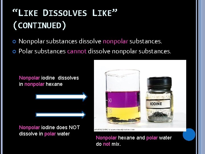 “LIKE DISSOLVES LIKE” (CONTINUED) Nonpolar substances dissolve nonpolar substances. Polar substances cannot dissolve nonpolar