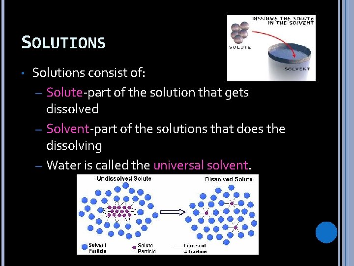 SOLUTIONS • Solutions consist of: – Solute-part of the solution that gets dissolved –