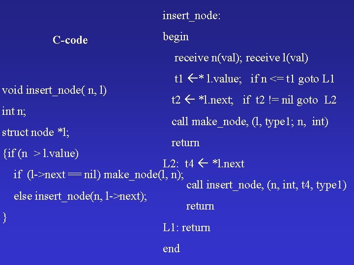 insert_node: C-code begin receive n(val); receive l(val) void insert_node( n, l) int n; struct