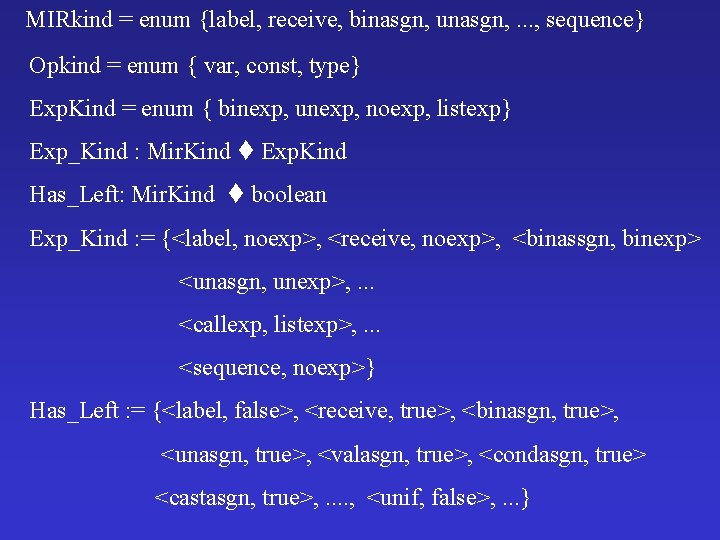 MIRkind = enum {label, receive, binasgn, unasgn, . . . , sequence} Opkind =