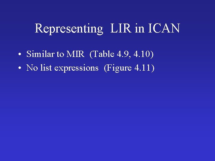 Representing LIR in ICAN • Similar to MIR (Table 4. 9, 4. 10) •