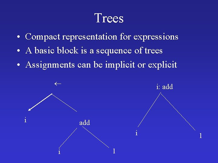 Trees • Compact representation for expressions • A basic block is a sequence of