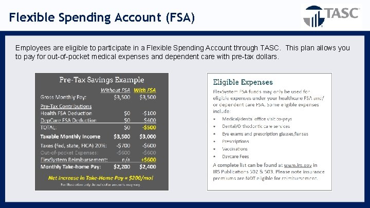 Flexible Spending Account (FSA) Employees are eligible to participate in a Flexible Spending Account Flexible Spending Account (FSA) Employees are eligible to participate in a Flexible Spending Account