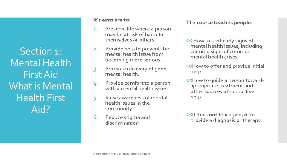 It’s aims are to: 1. Section 1: Mental Health First Aid What is Mental