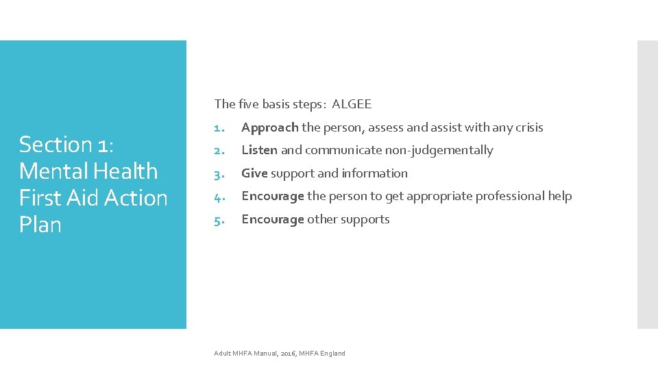 The five basis steps: ALGEE Section 1: Mental Health First Aid Action Plan 1.