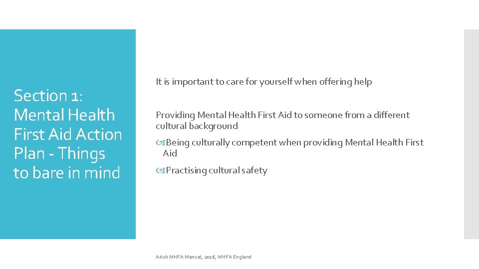Section 1: Mental Health First Aid Action Plan - Things to bare in mind