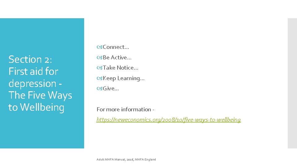 Connect… Section 2: First aid for depression The Five Ways to Wellbeing Be