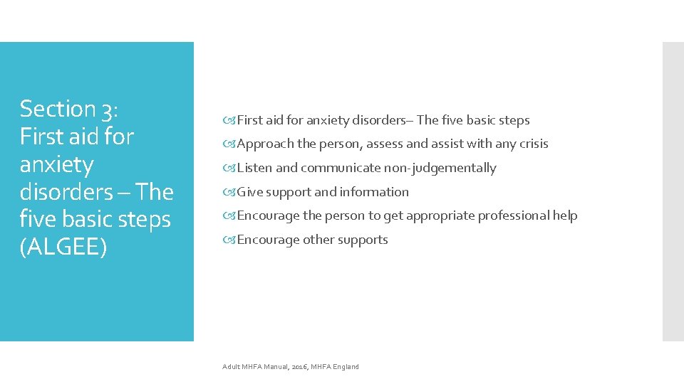 Section 3: First aid for anxiety disorders – The five basic steps (ALGEE) First