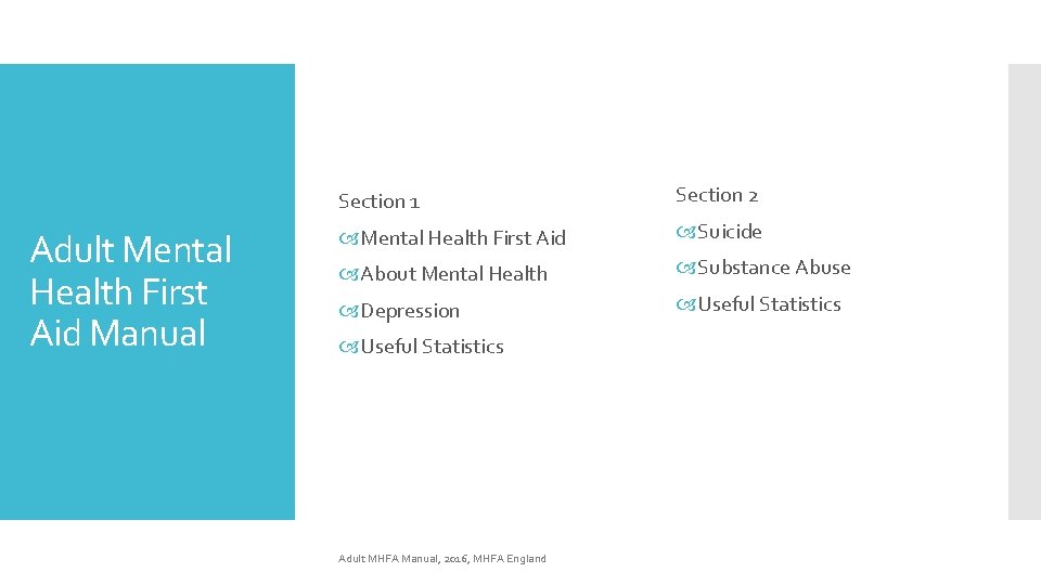 Adult Mental Health First Aid Manual Section 1 Section 2 Mental Health First Aid