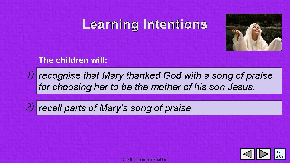 Learning Intentions The children will: 1) recognise that Mary thanked God with a song