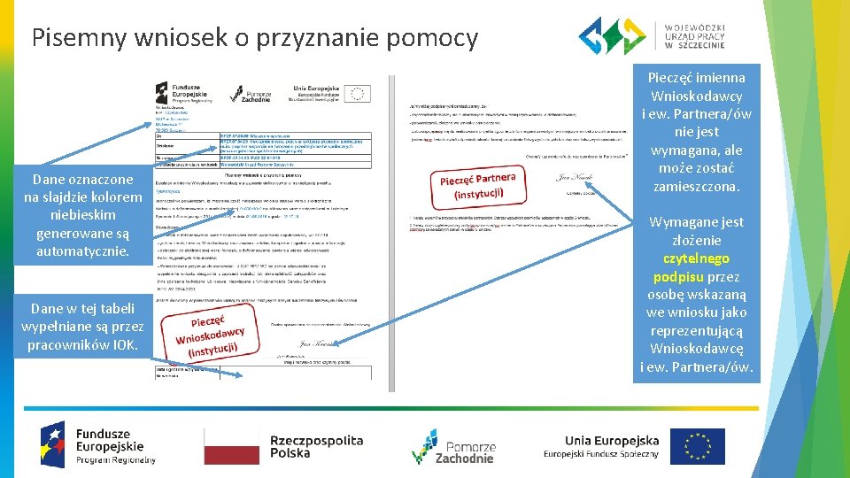 Pisemny wniosek o przyznanie pomocy Dane oznaczone na slajdzie kolorem niebieskim generowane są automatycznie.