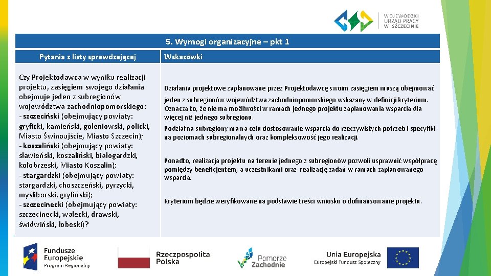 5. Wymogi organizacyjne – pkt 1 Pytania z listy sprawdzającej Czy Projektodawca w wyniku