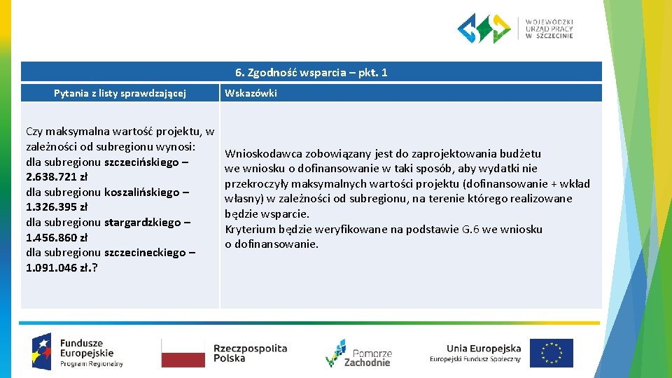 6. Zgodność wsparcia – pkt. 1 Pytania z listy sprawdzającej Czy maksymalna wartość projektu,