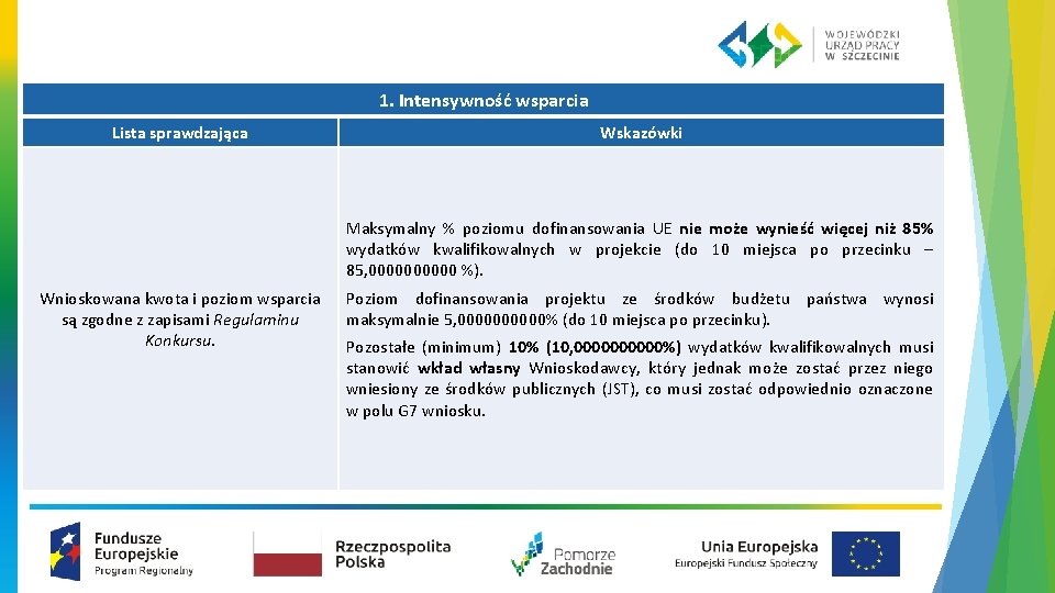 1. Intensywność wsparcia Lista sprawdzająca Wskazówki Maksymalny % poziomu dofinansowania UE nie może wynieść