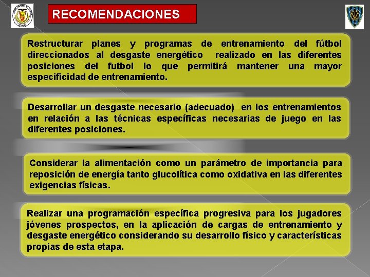 RECOMENDACIONES Restructurar planes y programas de entrenamiento del fútbol direccionados al desgaste energético realizado