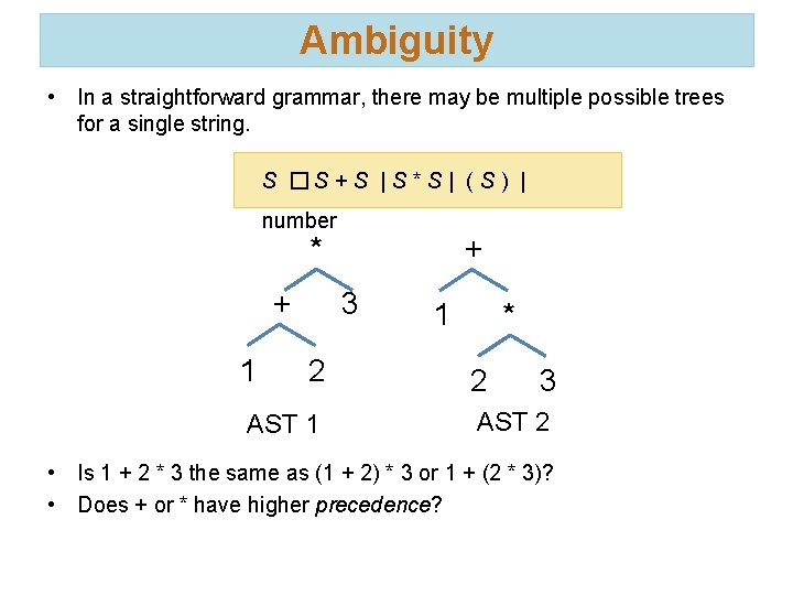 Ambiguity • In a straightforward grammar, there may be multiple possible trees for a