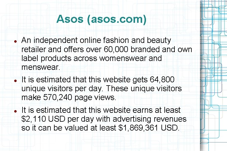 Asos (asos. com) An independent online fashion and beauty retailer and offers over 60,