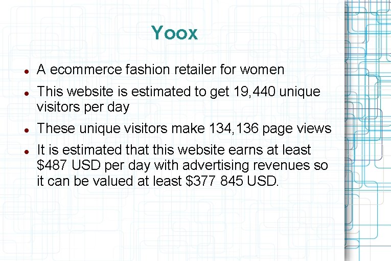 Yoox A ecommerce fashion retailer for women This website is estimated to get 19,