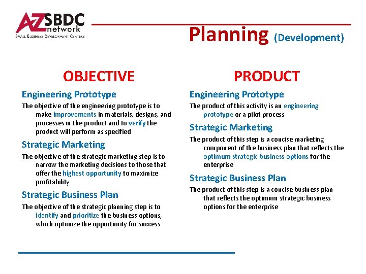 Planning (Development) OBJECTIVE PRODUCT Engineering Prototype The objective of the engineering prototype is to