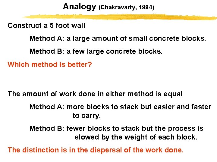 Analogy (Chakravarty, 1994) Construct a 5 foot wall Method A: a large amount of