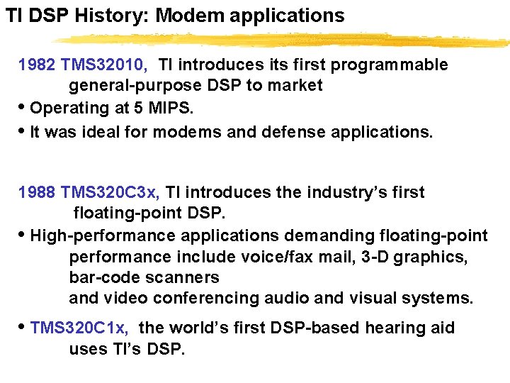 TI DSP History: Modem applications 1982 TMS 32010, TI introduces its first programmable general-purpose