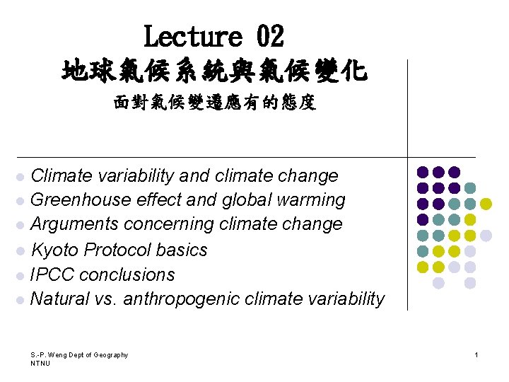 Lecture 02 地球氣候系統與氣候變化 面對氣候變遷應有的態度 Climate variability and climate change l Greenhouse effect and global