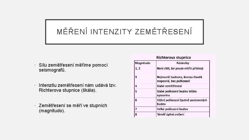 MĚŘENÍ INTENZITY ZEMĚTŘESENÍ • Sílu zemětřesení měříme pomocí seismografů. • Intenzitu zemětřesení nám udává