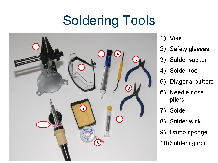 Soldering Tools 1) Vise 1 3 2) Safety glasses 4 5 2 3) Solder