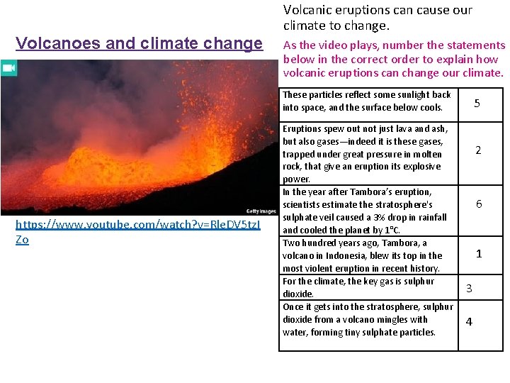 Volcanoes and climate change Volcanic eruptions can cause our climate to change. As the