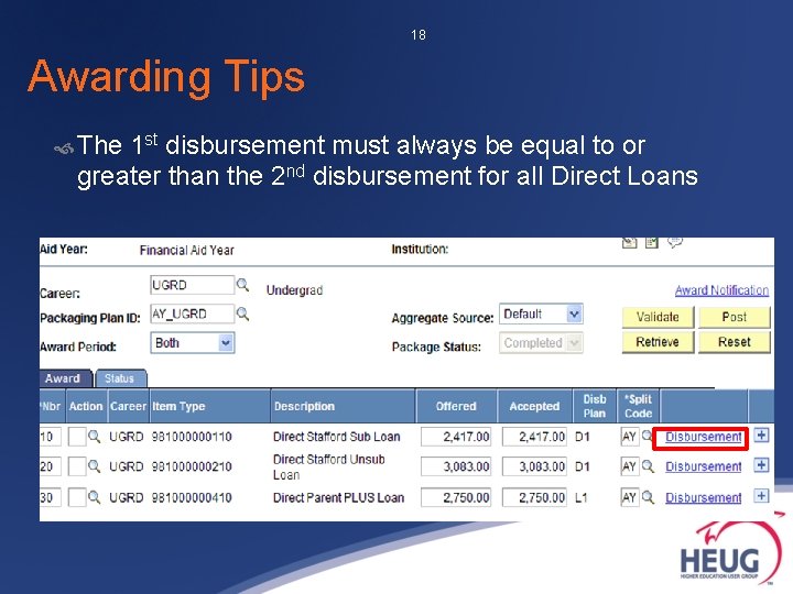18 Awarding Tips The 1 st disbursement must always be equal to or greater