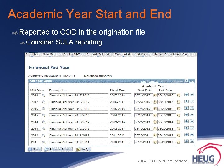 Academic Year Start and End Reported to COD in the origination file Consider SULA