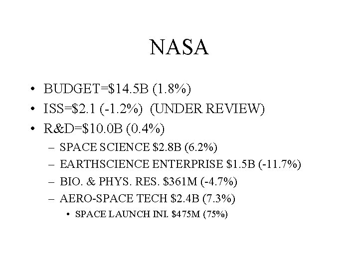 NASA • BUDGET=$14. 5 B (1. 8%) • ISS=$2. 1 (-1. 2%) (UNDER REVIEW)