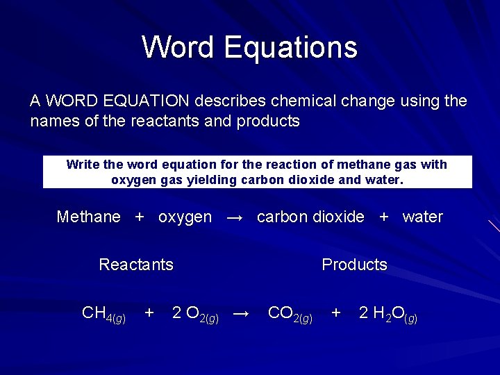 Word Equations A WORD EQUATION describes chemical change using the names of the reactants Word Equations A WORD EQUATION describes chemical change using the names of the reactants
