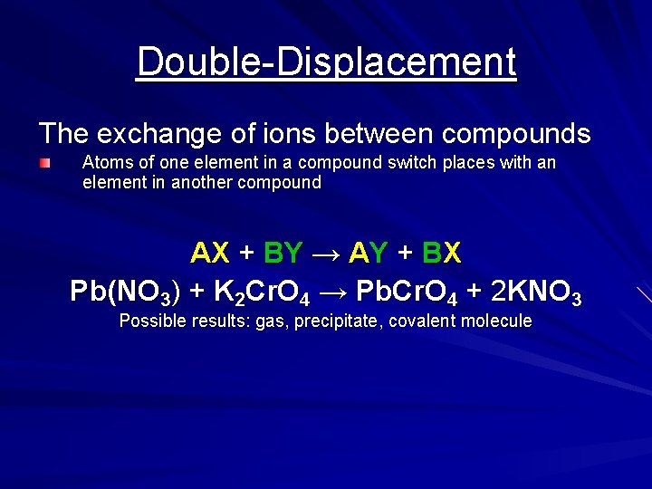 Double-Displacement The exchange of ions between compounds Atoms of one element in a compound Double-Displacement The exchange of ions between compounds Atoms of one element in a compound