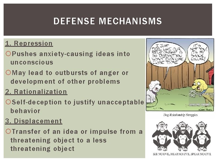 DEFENSE MECHANISMS 1. Repression Pushes anxiety-causing ideas into unconscious May lead to outbursts of