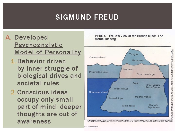 SIGMUND FREUD A. Developed Psychoanalytic Model of Personality 1. Behavior driven by inner struggle