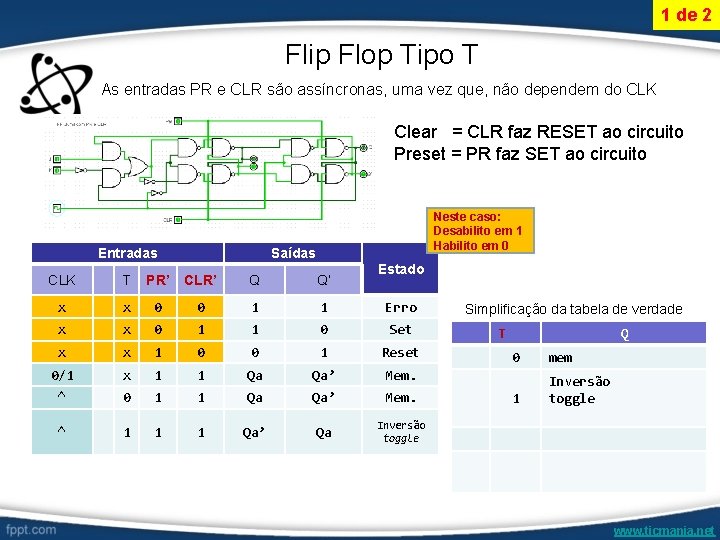 1 de 2 Flip Flop Tipo T As entradas PR e CLR são assíncronas,