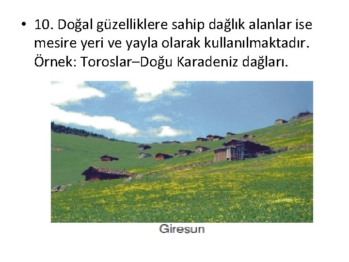  • 10. Doğal güzelliklere sahip dağlık alanlar ise mesire yeri ve yayla olarak