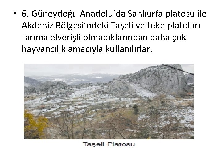 • 6. Güneydoğu Anadolu’da Şanlıurfa platosu ile Akdeniz Bölgesi’ndeki Taşeli ve teke platoları • 6. Güneydoğu Anadolu’da Şanlıurfa platosu ile Akdeniz Bölgesi’ndeki Taşeli ve teke platoları