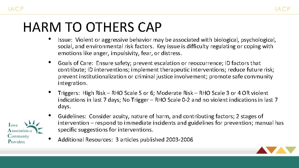 HARM TO OTHERS CAP • Issue: Violent or aggressive behavior may be associated with
