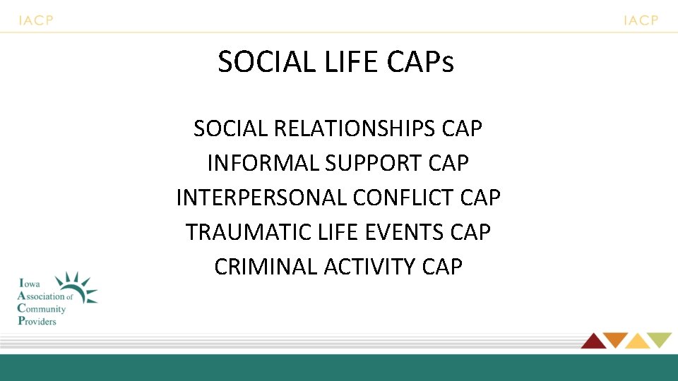 SOCIAL LIFE CAPs SOCIAL RELATIONSHIPS CAP INFORMAL SUPPORT CAP INTERPERSONAL CONFLICT CAP TRAUMATIC LIFE