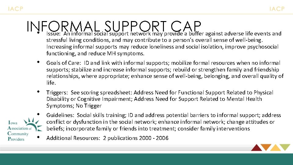 INFORMAL CAP • Issue: An informal social. SUPPORT support network may provide a buffer
