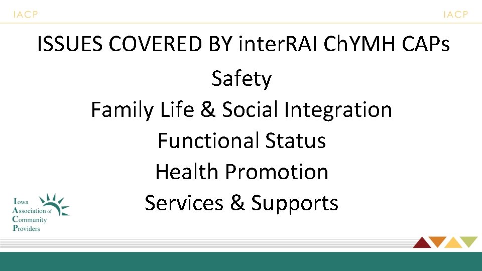 ISSUES COVERED BY inter. RAI Ch. YMH CAPs Safety Family Life & Social Integration