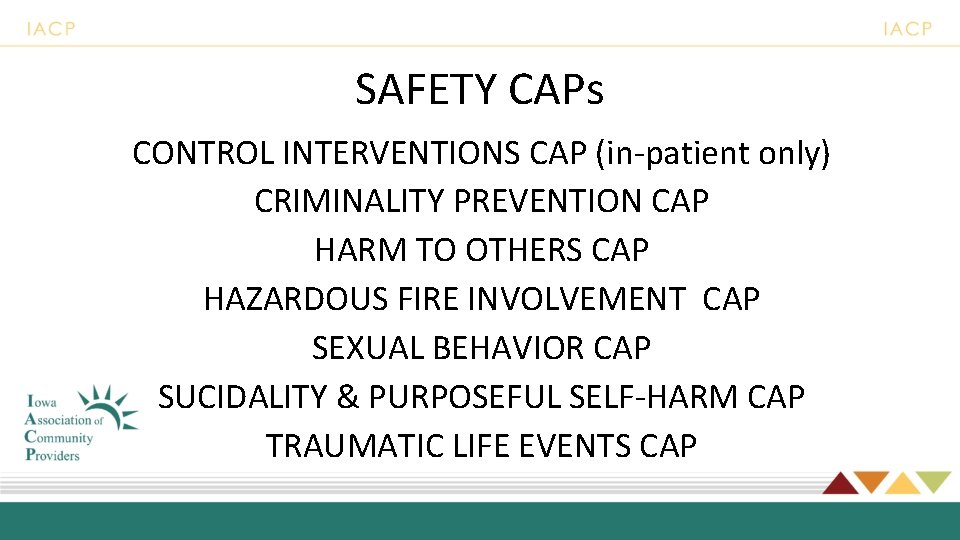 SAFETY CAPs CONTROL INTERVENTIONS CAP (in-patient only) CRIMINALITY PREVENTION CAP HARM TO OTHERS CAP