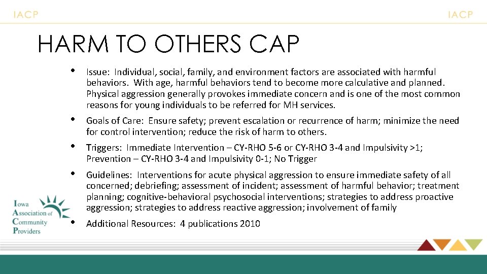 HARM TO OTHERS CAP • Issue: Individual, social, family, and environment factors are associated