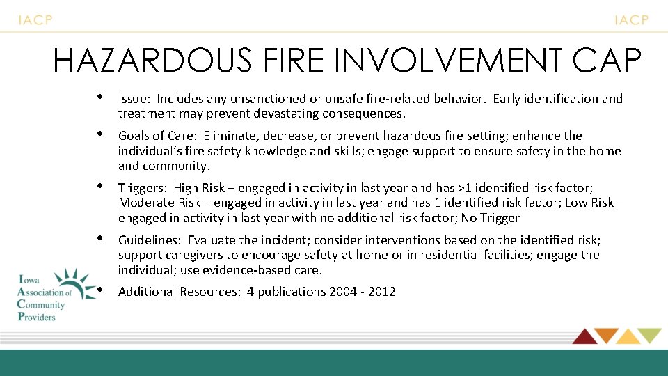 HAZARDOUS FIRE INVOLVEMENT CAP • Issue: Includes any unsanctioned or unsafe fire-related behavior. Early