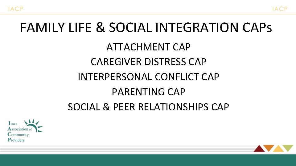 FAMILY LIFE & SOCIAL INTEGRATION CAPs ATTACHMENT CAP CAREGIVER DISTRESS CAP INTERPERSONAL CONFLICT CAP